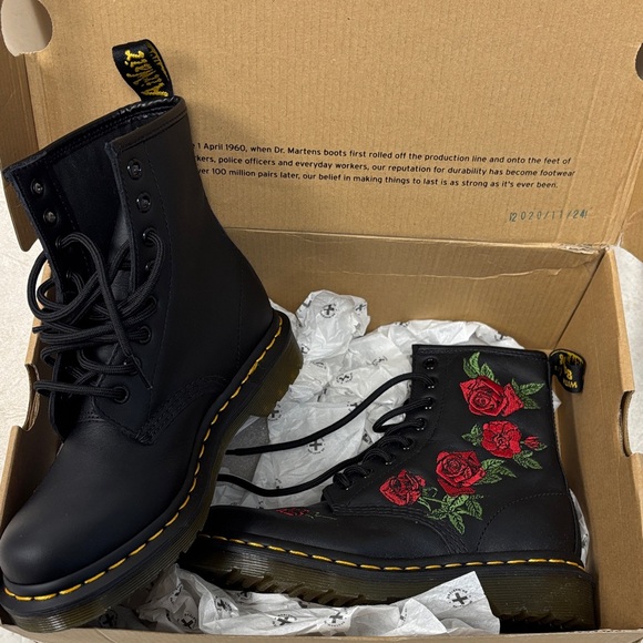 Dr. Martens Shoes - Dr. Martens Black Boots with Red Floral Embroidery